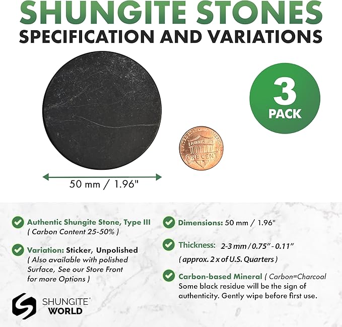 3 pcs Authentic Shungite Stickers Unpolished 50 mm / 1.96" Genuine Healing Energy Stone Protection Plate for Cell Phone Case Tablet Laptop Computer Noble Gemstone Protector Crystal