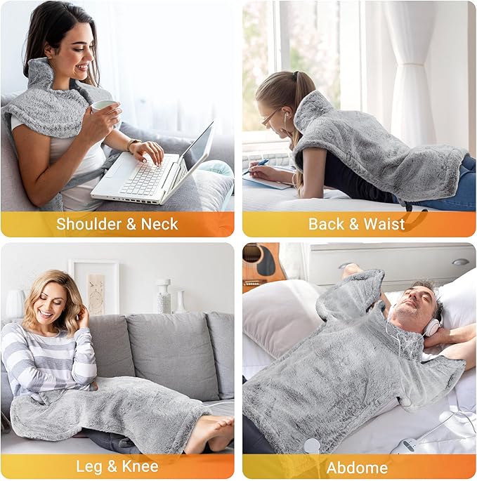 Massaging Heating Pad for Neck and Shoulders and Back, 24" x 35" Large Electric Heating Pad for Back Pain Relief with 3 Heat Levels, 4 Massage Settings, 2H Auto Shut-Off, 2 Massage Motors,Grey