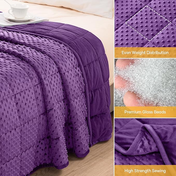Wemore Minky Dot Weighted Blanket for Adults Queen Size 12 lbs, Soft Cozy Heavy Blanket for Bed and Couch, Breathable Blanket for All-Season with Glass Beads, Purple 60 x 80 inches