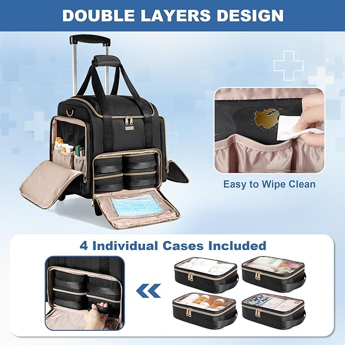 Rolling Medicine Bag for Travel, Large Pill Bottle Storage Bag on Wheels with 4 Cases and Detachable Trolley, Black