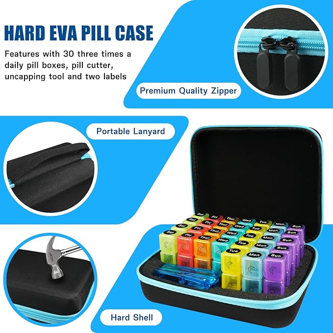 Monthly Medicine Pill Organizer 3 Times a Day, Travel Pill Box with Labels and Pill Cutter, Medication Organizer with 31-Day Compartments, Portable Vitamin Holder Storage Case with Hard Shell