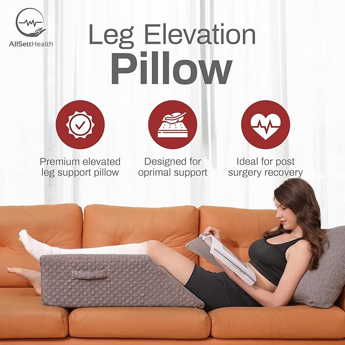 AllSett Health Single Leg Elevation Pillow Post Surgery, Memory Foam Ankle Knee and Leg Wedge Pillow - 29 Inch x 13 Inch x 9.5 Inch