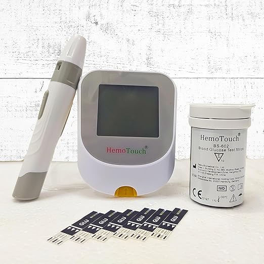 Blood Sugar Test Kit Includes Hemotouch Blood Glucose Meter, 1 Lancing Device, 10 Lancets, & 10 Test Strips, Diabetes Testing Kit for Blood Glucose Monitoring with strips Ejector.