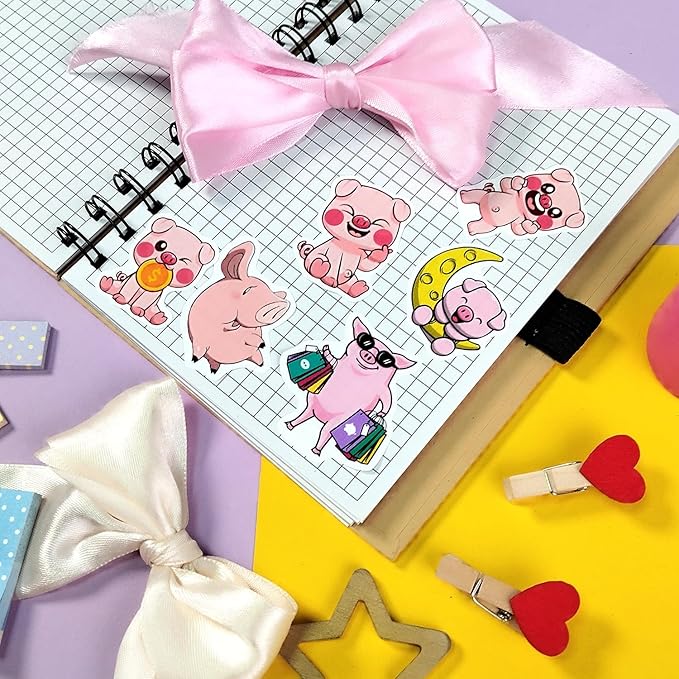 BulbaCraft 100Pcs Pig Stickers and Decals, Piggy Stickers for Water Bottle and Laptop, Gifts for Women & Men