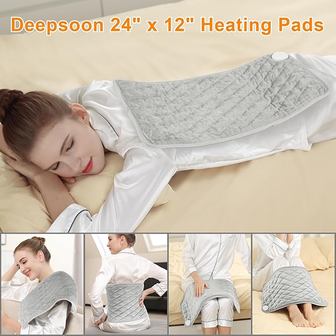 Deepsoon Heating Pad,Electric Heating Pads for Back,Neck,Abdomen,Moist Heating Pad for Shoulder,Knee,Arms,Legs,Dry/Moist Heat & Auto Shut Off,Christmas Gifts for Men and Women,Weighted Gray,24x12 Inch