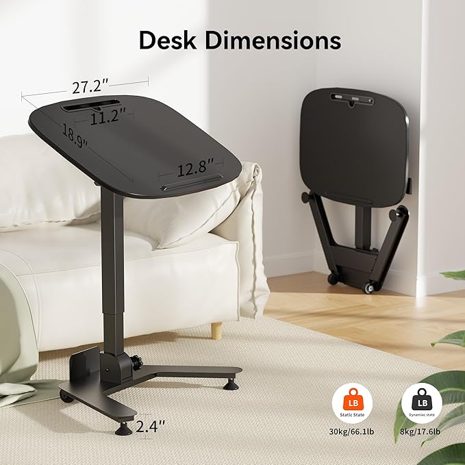 Foldable Pneumatic Height Adjustable Mobile Standing Desk with 90° Tiltable Tabletop, 27.2x18.9 Inch Portable Laptop Desk with Wheels, Holds Up to 66.1lbs for Home Office, Study, Black