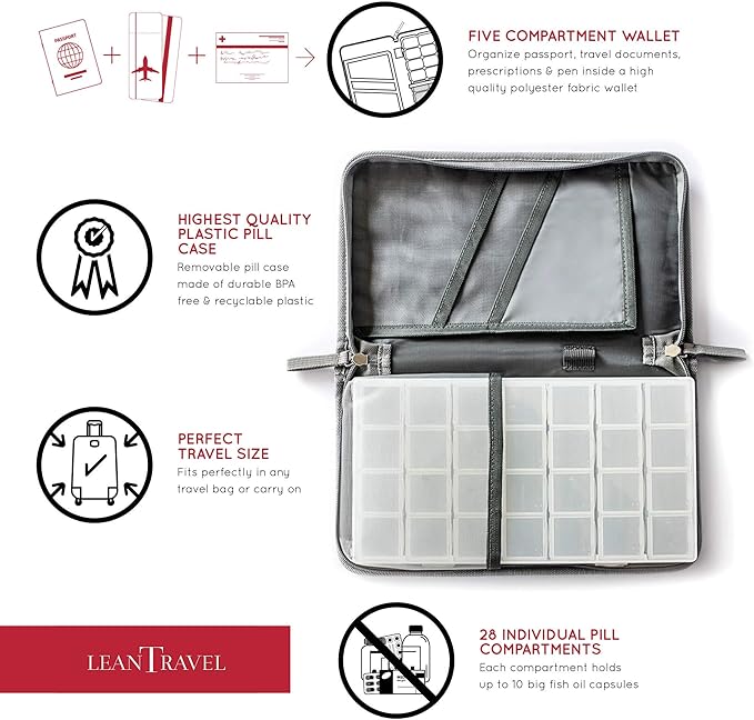 LeanTravel Pill Case Organizer for Travel with Passport Wallet, Color Grey, Size Extra Large for 7 to 28 Day Travel