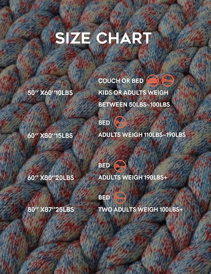YnM Weighted Blanket, Handmade Chunky Knitted Design, Soft and Cozy, Temperature Regulating and Breathable, Machine Washable Throw for Sleep or Home Decor (Red Blue Fancy Yarn, 50x60 Inch, 10lbs)
