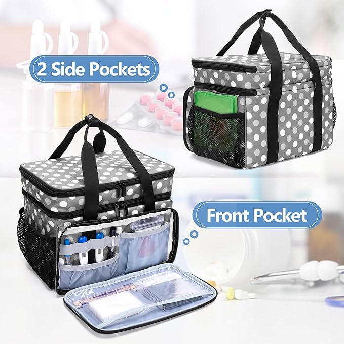 LUXJA 2 Layers Medicine Bag with Detachable Divider, Pill Bottle Organizer Suitable for Home or Travel Use, Gray Dots