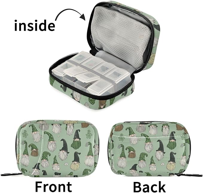 Fustylead Hand Drawn Saint Patricks Gnomes Travel Pill Organizer Bag with Zipper Small Pill Box 7 Day Pill Case for Purse Storage Weekly Vitamin Medicine Supplement