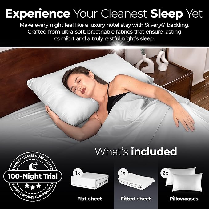 Silvery Silver Infused Bed Sheets Set - Ultra-Soft Temperature-Regulating Fabric with Self-Cleaning Technology™ That Stays Fresh 3X Longer for Hygienic Sleep
