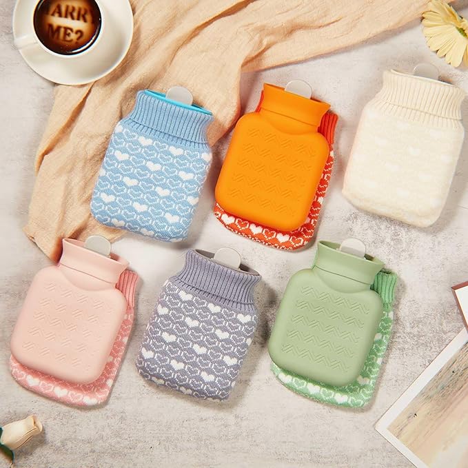 Amylove 3 Pcs Mini Hot Water Bottle for Hot & Cold Compress with Cover 320ml Silicone Microwave Heating Bottles Small Water Bag for Travel Holiday Gift(Gray, Pink, Green,Heart Print)