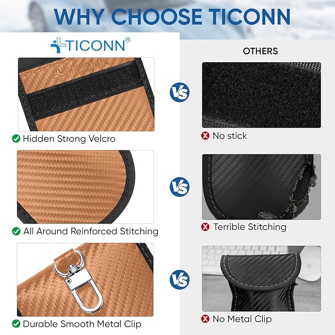 TICONN 2PK Faraday Bags for Car Keys Fob, 3.5"X5.0" Faraday Cage Protector, Car RFID Signal Blocking, Anti-Theft Pouch Anti-Hacking Case Blocker (Bronze, M)