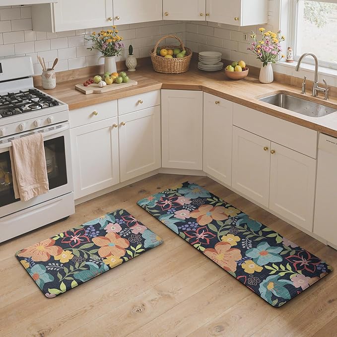 GENIMO Kitchen Mats for Floor 2PCS, Cushioned Kitchen Rugs Non Slip Washable, Farmhouse Anti Fatigue Mat Waterproof, Comfort Standing Mat Rug for Office, Home, Laundry, 17.3"x47"+17.3"x30", LightBlack