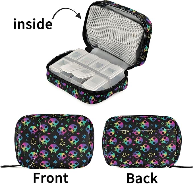 Travel Pill Organizer Bag Weekly Pill Organizer Case Goth Magic Skulls Portable Small Daily Pill Boxes for Vitamin Fish Oils Supplement Holder with Zipper Compact Size