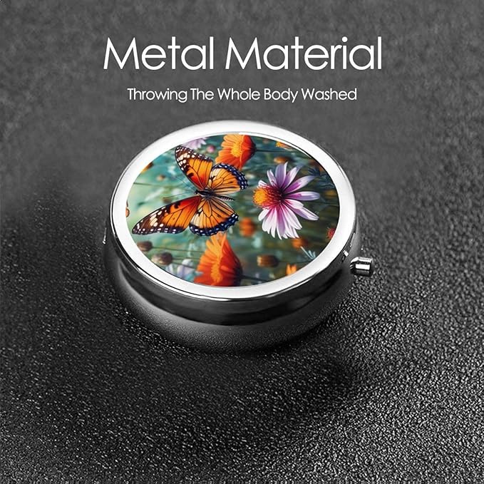 Flower and Butterfly Printed Pill Organizer,Round Travel Pill Organizer Mini Medicine Pill Box for Purse Iron Plating