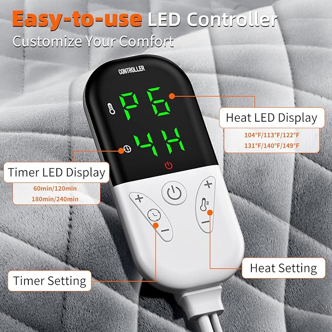 33''x17'' Extra Large Heating Pad for Back&Cramps Relief, XL Electric Heating Pads for Neck Shoulder Pain Relief Heat Pad Upgraded 6 Heat Settings, 4 Timer Options Auto Shut-Off Machine Washable Gray