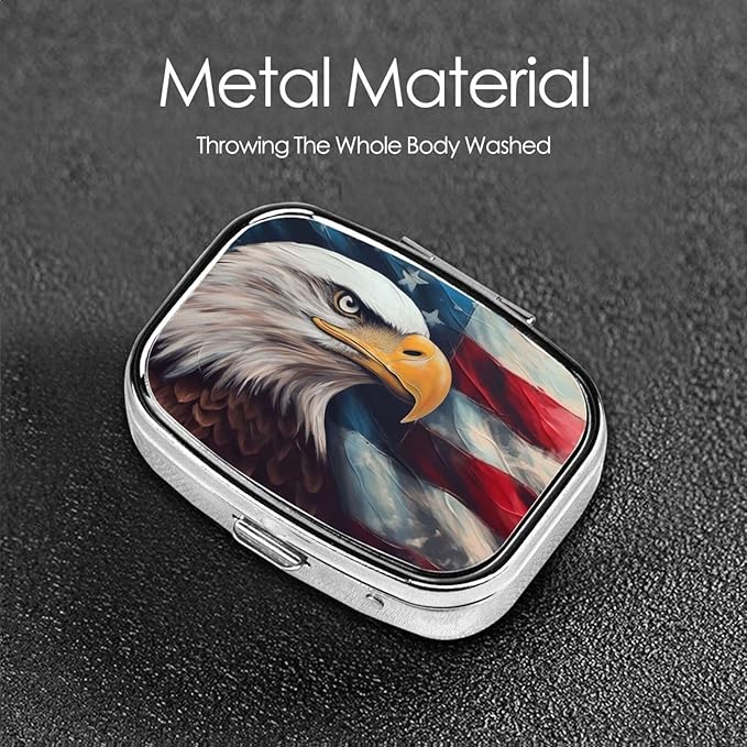Vintage American Flag and Eagle Painting Print Square Metal Pill Box with 2 Compartment for Pocket or Purse Travel Bag Small Size 2.2 inche