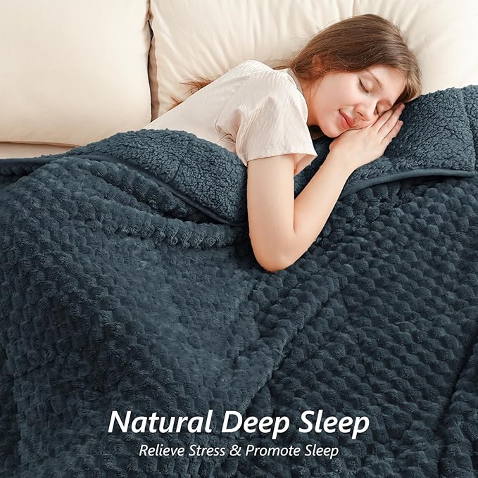 Mr. Sandman Weighted Blankets for Adults Queen Size 20lbs, Warm Sherpa Fleece Throw Blanket for Sleep and Calm, Soft Cozy Heavy Bed Blanket with Jacquard Flannel, 60 x 80 Inches, Midnight Blue