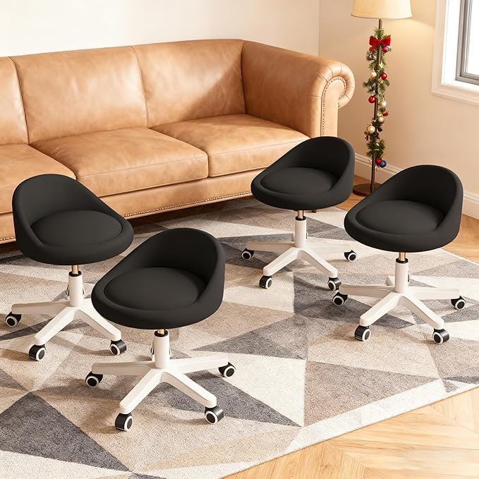 Rolling Stool Set of 4– Ergonomic Swivel Seat, Adjustable Height, Ultra-Quiet Wheels, Padded PU Leather Cushion, for Salon, Office, Massage & Medical Use Black
