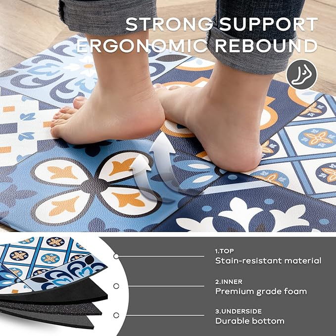 Ashler Kitchen Mats Anti-Fatigue Kitchen Rugs, Non-Slip Waterproof Kitchen Floor Mats, 2PCS Ergonomic Comfort Foam Standing Rug for Kitchen, Office, Floor, Laundry, Sink, 17x47 in & 17x29 in, Blue