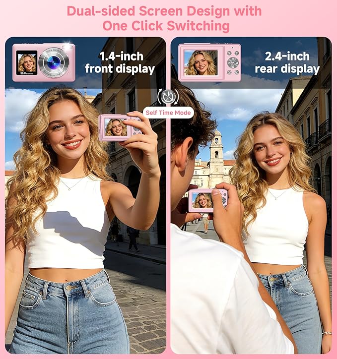Digital Camera, 2026 Upgraded 56MP Pink Digital Camera, Dual Screens Cameras for Selfies with 16X Zoom, Compact Cameras with Smile Capture Anti Shake with 32GB SD Card for Kids Teens Adults