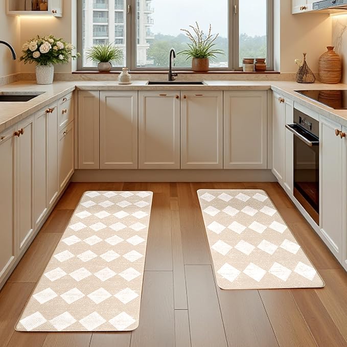 Moroccan Trellis Cream Checkered Kitchen Rug Sets [2 PCs], Anti-Fatigue, Waterproof Non-Slip Kitchen Mats Heavy Duty Ergonomic Comfort Foam Rug for Floor, Home, Laundry,17"x29"+17"x47"