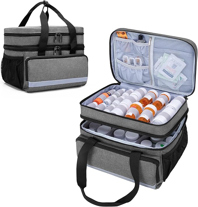 CURMIO Double Layers Pill Bottle Organizer Bag Empty, Medicine Organizer Storage Case with Lockable Zippers, Medication Travel Bag for Prescription Bottles, Medical Supplies, Gray (Patent Design)