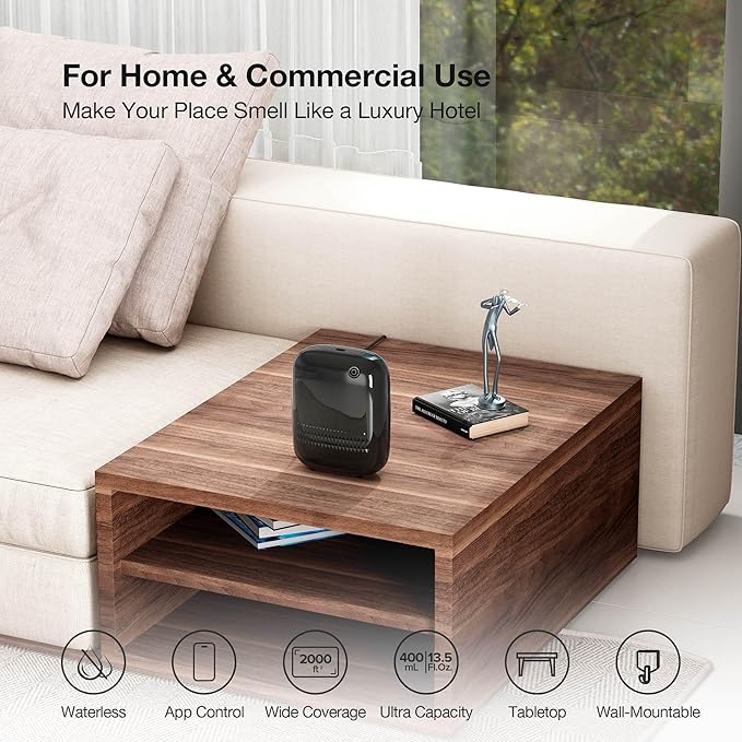 Airversa Smart Waterless Essential Oil Diffuser (400 mL Capacity) Starter Kit with 200mL Fragrance Scent Oils, Up to 2000 sq ft App Control Scent Air Machine with 12V1A Power Adapter, ANW Kit Black
