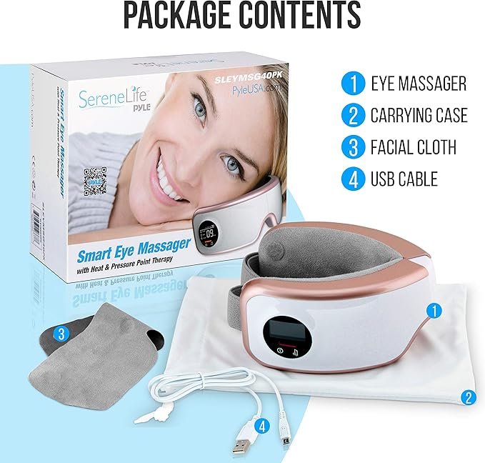 SereneLife Smart Eye Massager with Heat and Compression, Vibration, Music, Wireless Heated Mask for Migraines and Stress Therapy (Pink V2 Soft Fit)