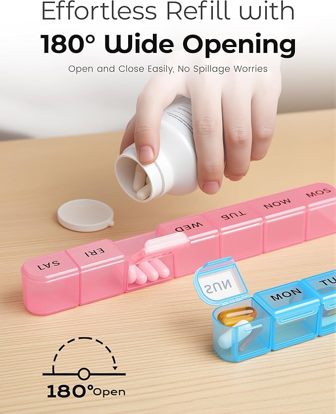 Daviky 2 Pack Weekly Pill Organizer, Large Pill Box 7 Day, AM PM Travel Medicine Case, Portable Pill Container for Vitamins, Supplements & Medications - Blue & Pink