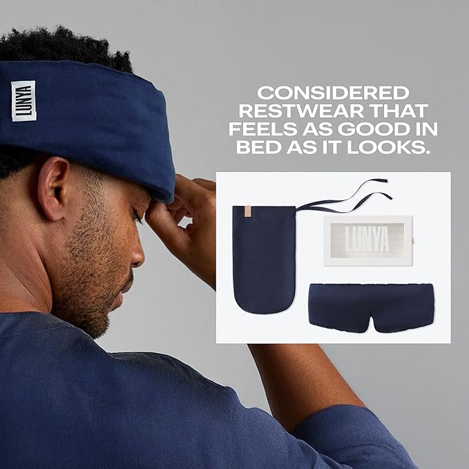 Lunya Washable Silk Sleeping Mask - Thermoregulating Mulberry Silk, Light Blocking and Comfortable Fit – Sleep Mask for Women and Men with Box - Deep Blue - Large