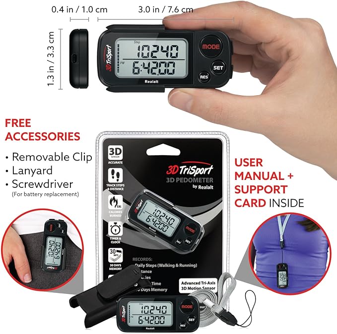 Realalt 3DTriSport 3D Walking Pedometer with Clip & Strap, Accurate Step Counter with 30-Day Memory, Distance in Miles/KM with Large Display Perfect for Seniors & Beginners, eBook Included
