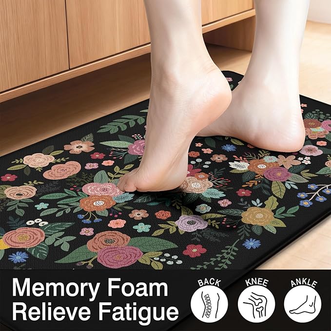 Anti Fatigue Boho Kitchen Rugs Set of 2, Floral Kitchen Mats for Floor, Farmhouse Kitchen Decor, Anti-Slip and Anti-Fatigue Foam Standing Mat,17x30 inch Sink Mat+17x48 inch Runner Rug Black