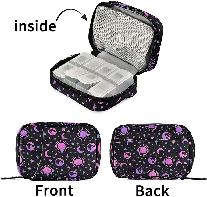 Travel Pill Organizer Bag Weekly Pill Organizer Case Moon Sun Stars Portable Small Daily Pill Boxes for Vitamin Fish Oils Supplement Holder with Zipper Compact Size