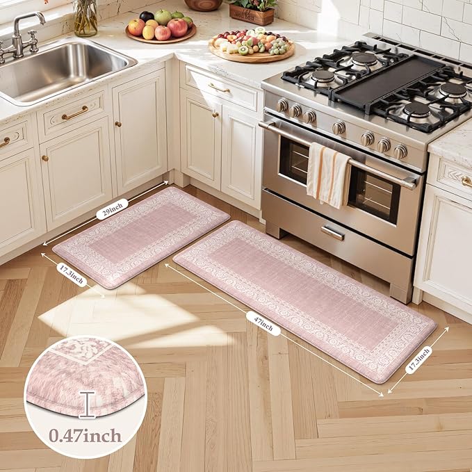 LEEVAN Pink Kitchen Mat Sets of 2,Anti Fatigue Cushioned Memory Foam Kitchen Mats for Floor,Farmhouse Ergonomic Waterproof Cute Boho Kitchen Floor Mat,Sink,Laundry,Home,Office(17''x29''+17''x47'')
