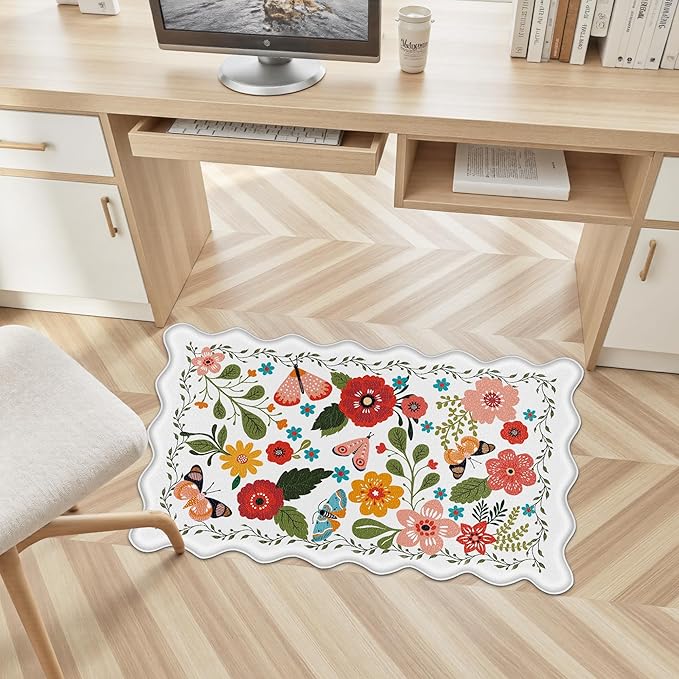 Scalloped Kitchen Mats for Floor Cushioned Anti Fatigue Kitchen Mats Rugs Waterproof Non Slip Farmhouse Boho Floral Comfort Foam Standing Mat for Sink Laundry, White, 17.3x30