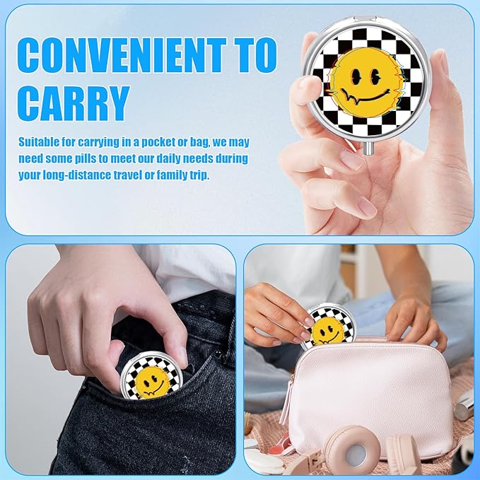Smiley Face Pill Case, Black White Grid Pill Box 3 Compartments Metal Small Pill Holder with Mirror Mini Travel Pill Container for Purse Pocket Women Men