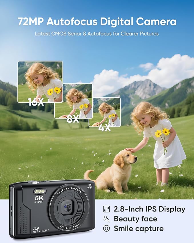 T TAKMLY Digital Camera 5K, Autofocus 16x Zoom 72MP Point and Shoot Cameras Compact Portable with Flash for Boys Girls Teens Students, Anti Shake 2.8'' Screen, 64GB Card Include