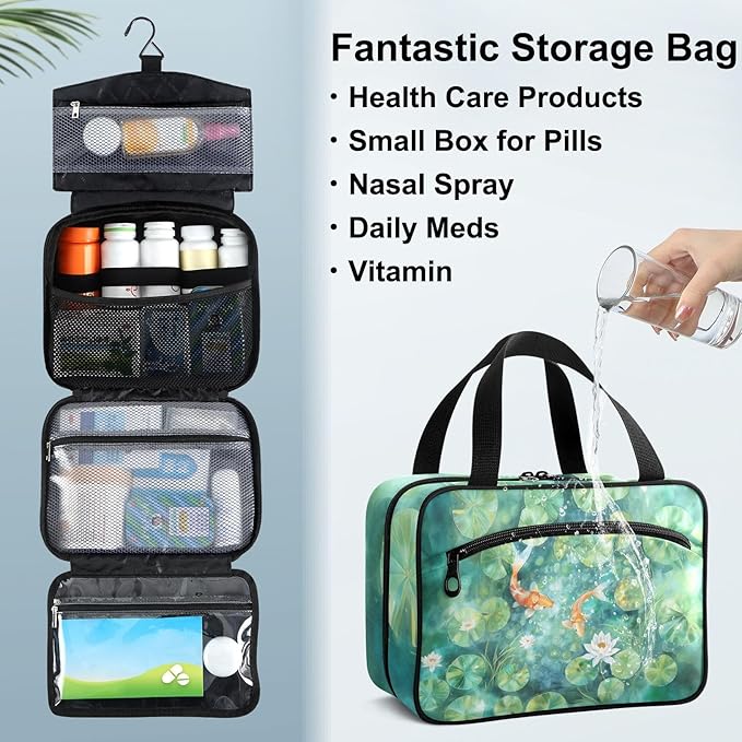 Fustylead Koi Fish Swimming in Lotus Pound Travel Medicine Organizer Bag Home Storage First Aid Kit Large Pill Case with Zipper for Pill Bottle, Vitamins, and Medical Supplies