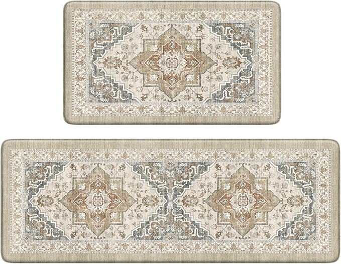 Kitchen Mats Cushioned Anti Fatigue Mats for Kitchen Floor, Non-Skid Waterproof Kitchen Rugs Padded Comfort Standing Desk Mat for Home Office Laundry Sink(Tan & Grey)