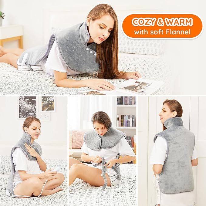 Mia&Coco Electric Heating Pad for Back Neck Shoulders Pain Relief, XL 23"x39" Soft Flannel Wrap, Waist Strap, Fast Heat Hot Therapy 6 Heat Settings, Auto-Off Timer, Machine Washable, Grey