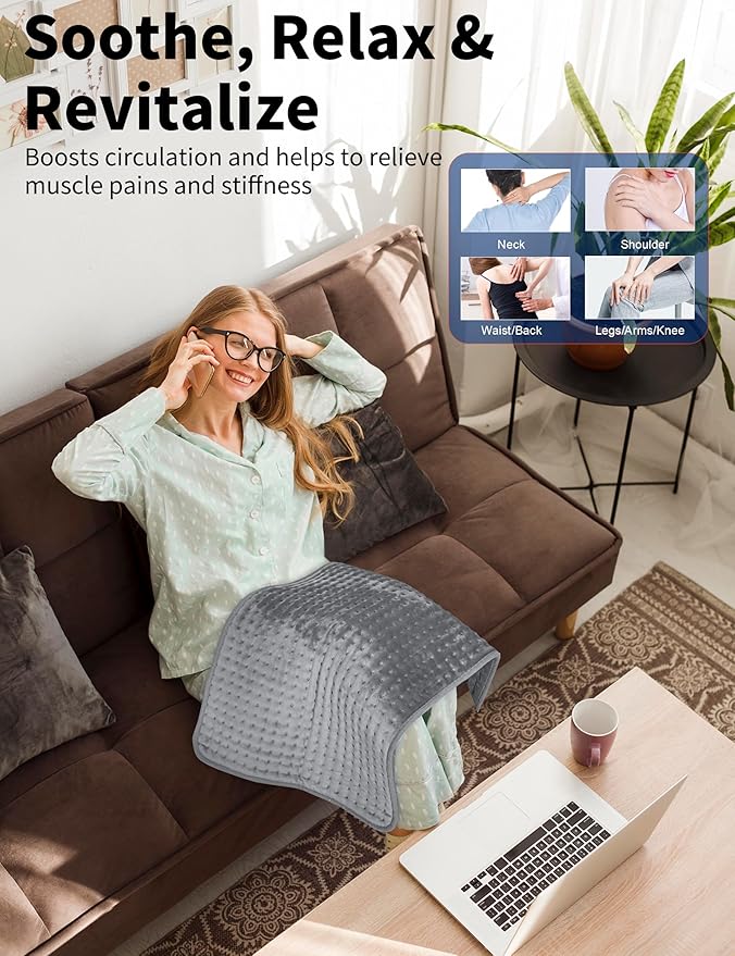 Heating Pad for Back Pain Relief, 17" X 33" XXX-Large Heating Pads for Cramps Neck & Shoulder, Extra XL Electric Heat Pad W/ 6 Temperature Settings,Moist Dry Heat Therapy,2H Auto-Off, Grey