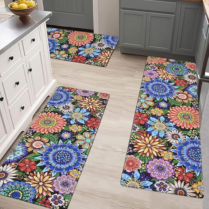 Likiyol Boho Kitchen Rugs, Boho Floral Anti Fatigue Kitchen Mat for Floor, Bohemian Flowers Non Slip Washable Kitchen Floor Mats, Comfort Standing Mat, 18''x30''+18''x48''+18''x60''