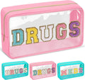 Chenille Letter Bag Clear MEDS Makeup Pouch, Waterproof Portable Medicine Bag for Traveling Preppy Small Meds Bag Zipper Pouch, Nylon Cute Drugs Medicine Organizer Bag for Patient Nurse(DRUGS-Pink)