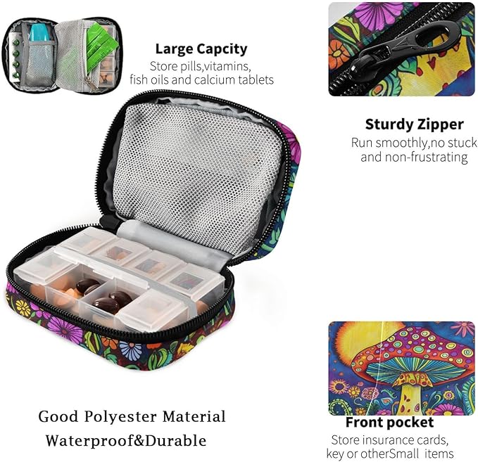 Fustylead 60s Hippie Colorful Art Mushroom Travel Pill Organizer Case Zipper for Purse with Removable Weekly Pill Box for Medicine, Vitamin, Supplement Medicine Organizer