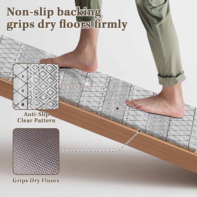 Arttown Moroccan Anti Fatigue Kitchen Mats for Kitchen Floor, Boho Kitchen Mats Cushioned Anti Fatigue Rug, Waterproof Non-Slip Washable Kitchen Rugs and PVC - Grey