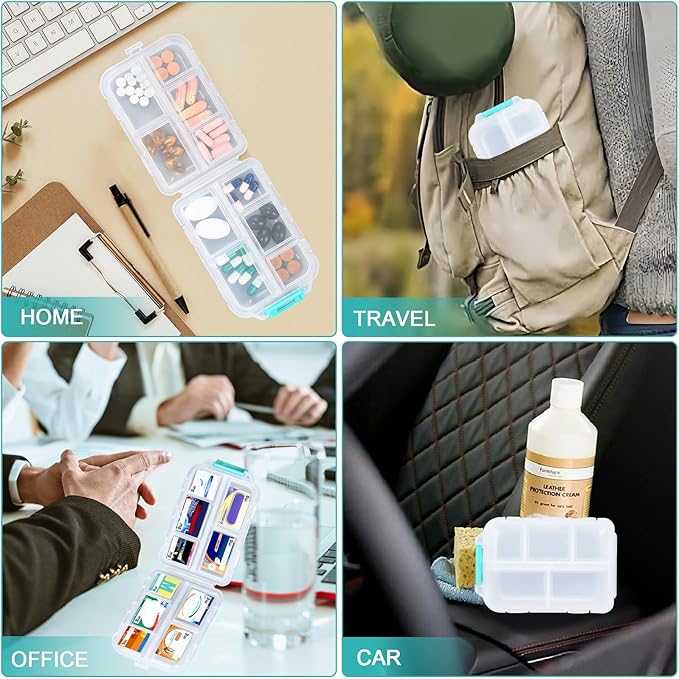 Pill Organizer Travel with 189 Medicine Labels, 10 Compartments Pill Container Travel Pill Box Purse Pill Case Compact Pill Organizer (White, 1 Pack)