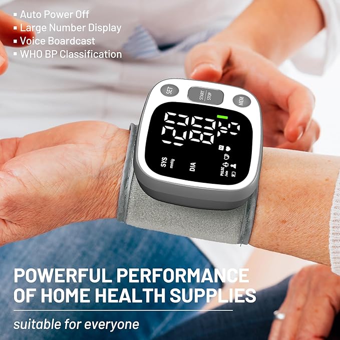 Oklar Blood Pressure Monitors for Home Use Rechargeable Wrist Digital BP Machine Cuff with LED Backlit Display, Voice Broadcast, 240 Memory Storage for 2 Users with Carrying Case, Grey