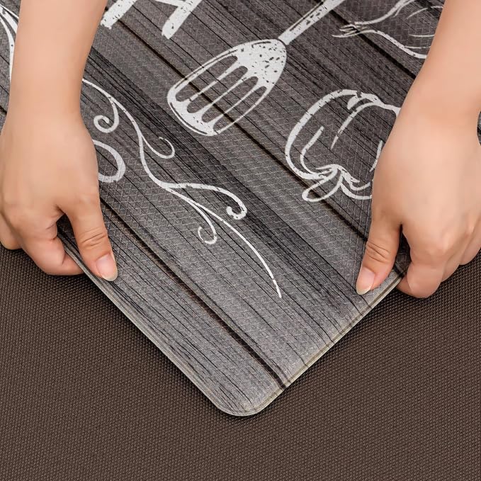 QUILTINA Kitchen Mat Anti-Fatigue Cushioned Rug Set (2 PCS), Waterproof Non-Slip & Stain Resistant, 0.4'' Thick PVC Ergonomic Comfort Foam Rugs for Home, Laundry Floor, Grey Imitation Wood